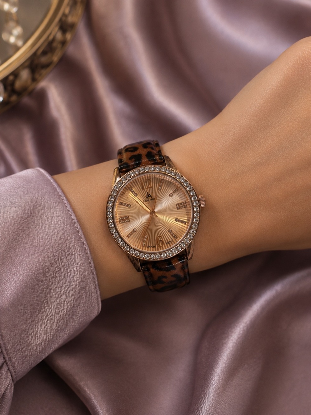 Women's Louis Arden Rose Gold Crystal Watch with Leopard Print Strap
